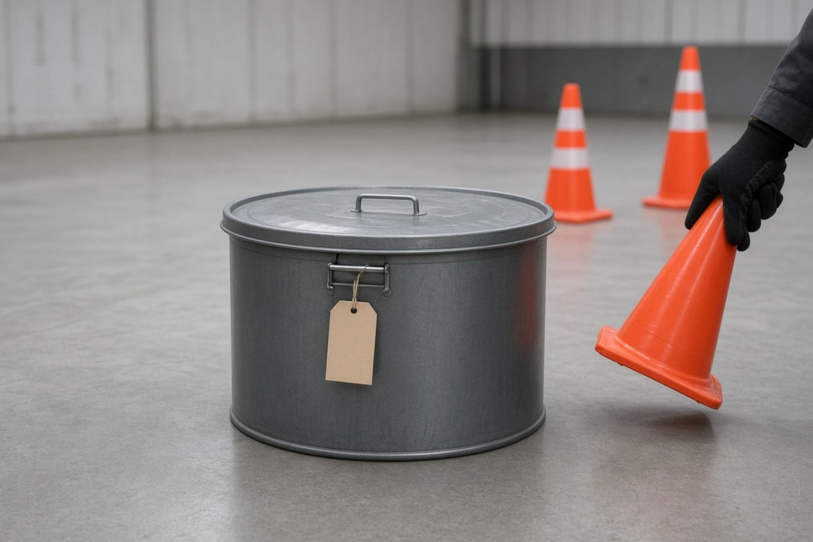 Sealed waste drum with a blank tag on a clean floor as safety cones are picked up