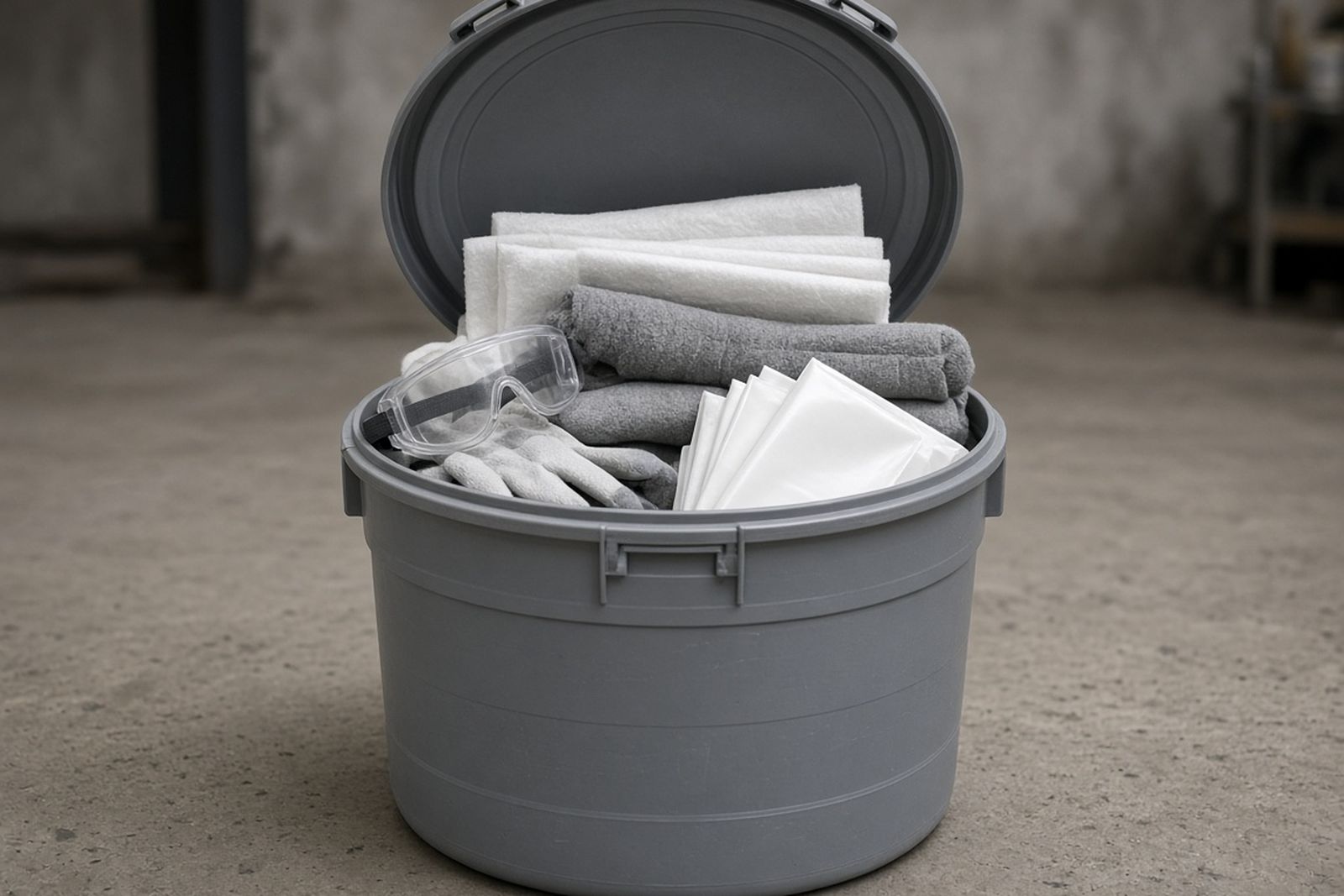 Open spill kit drum holding absorbent pads, goggles, gloves and disposal bags